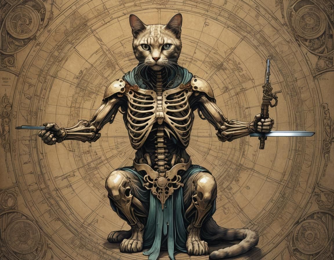 Vitruvian Cat with Katana in DaVinci Style
