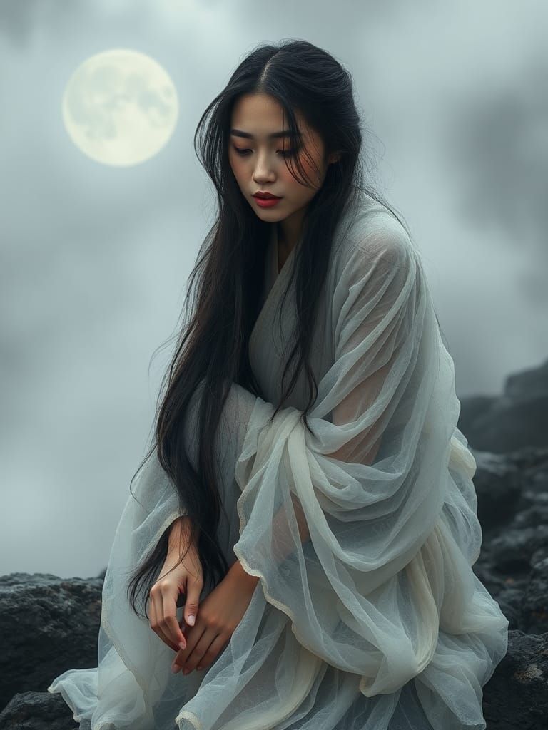 Ethereal Asian Beauty in Fog: Melancholy Moon
