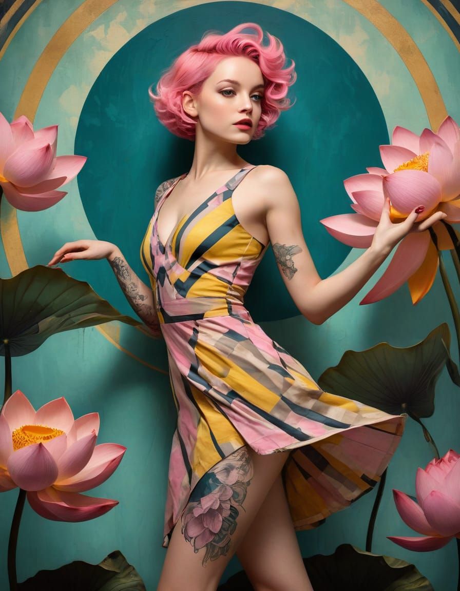 Art Deco Woman with Lotus Flower in Street Art Style