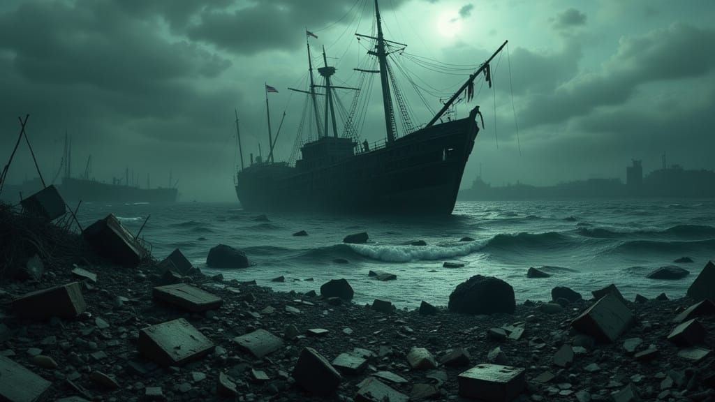 Creepy Pirate Ship Sinks in Trash-Core Wasteland