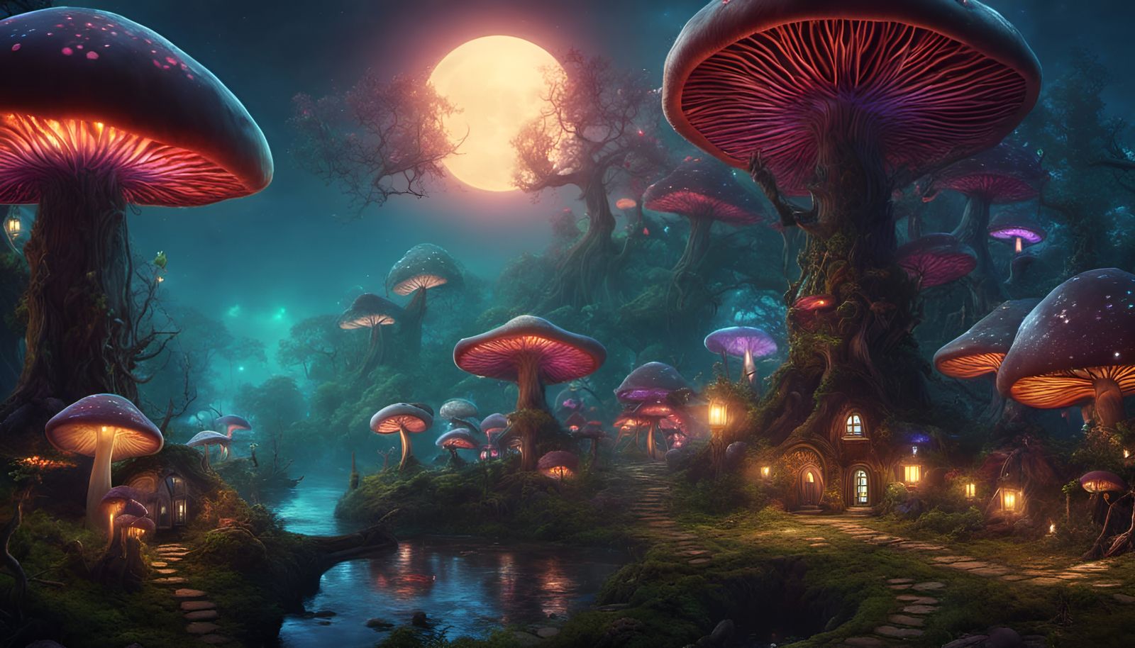Mystical Mushroom City in Dark Fantasy Landscape