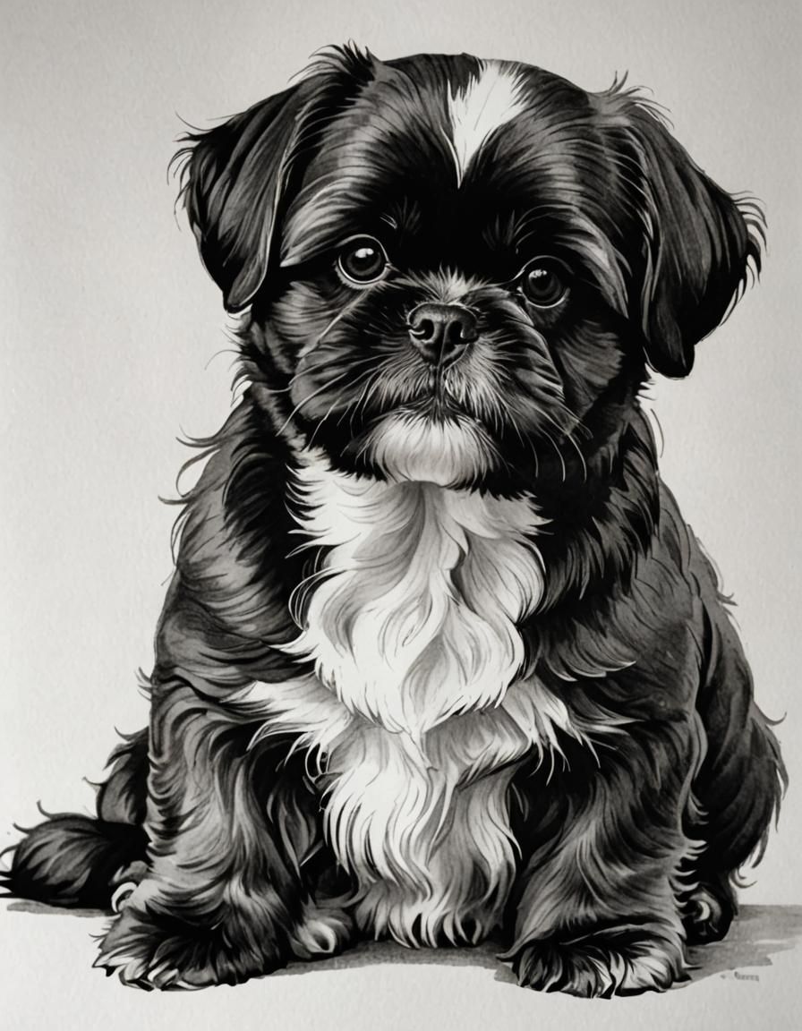 Shih Tzu Dog in Black and White Ink Drawing