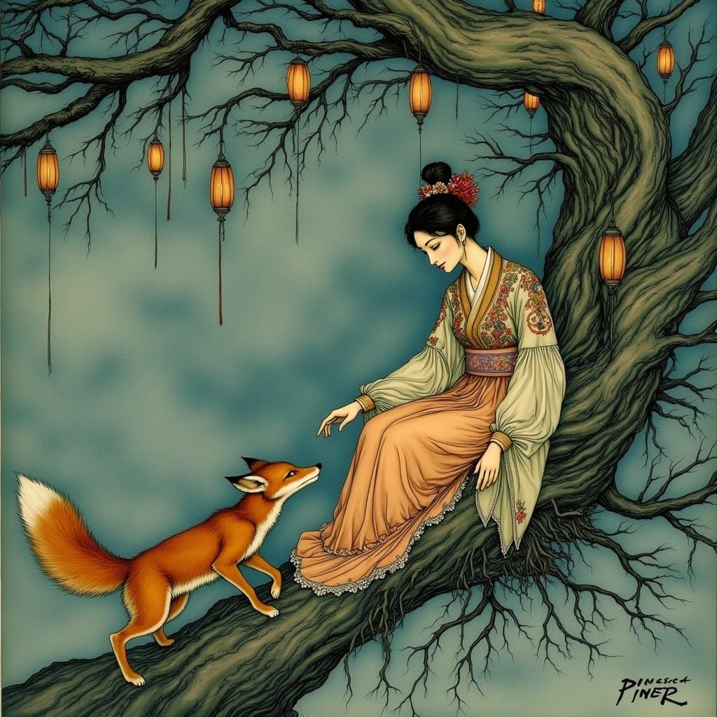 Korean Girl and Fox in Misty Forest