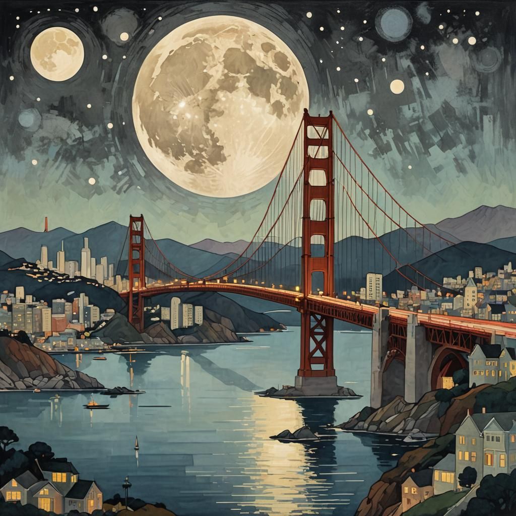 Golden Gate Bridge at Night in Folk Art Style