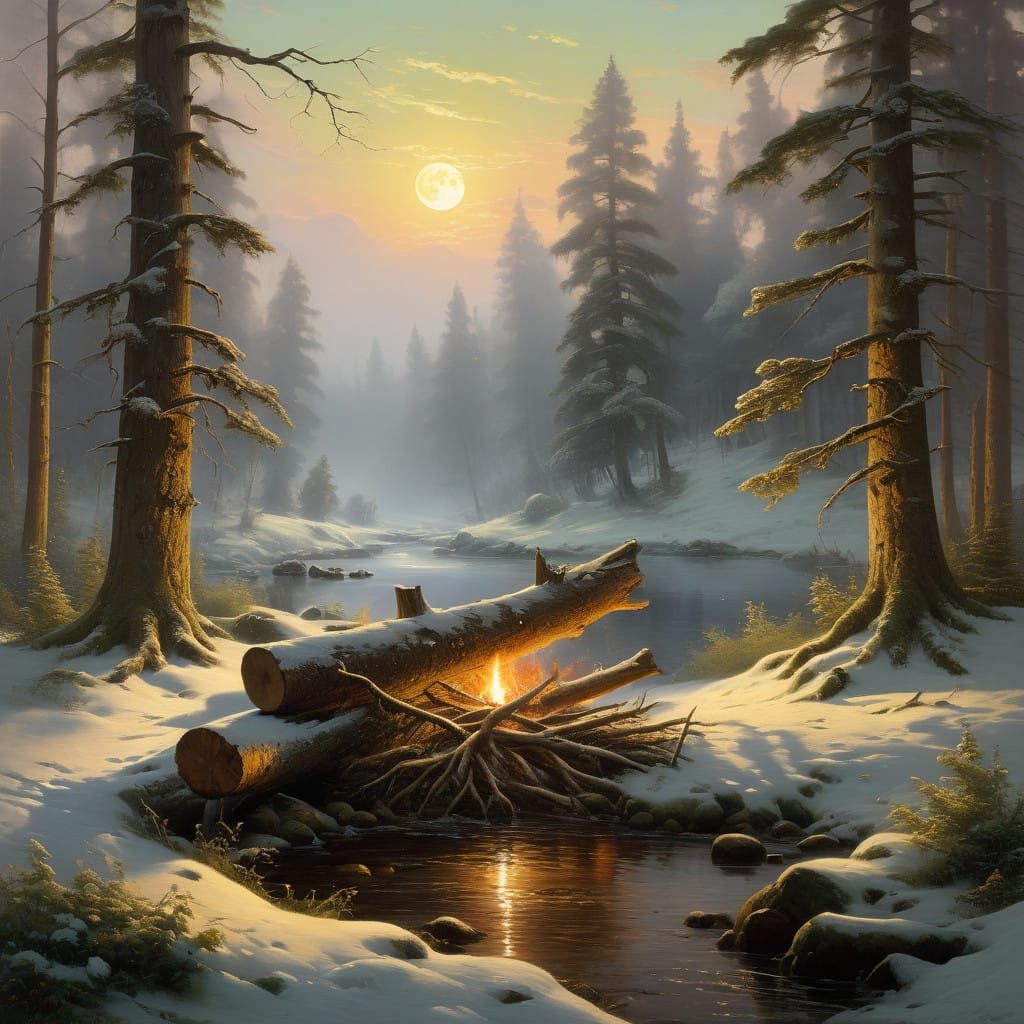 Winter Solstice Bonfire in a Snowy Meadow