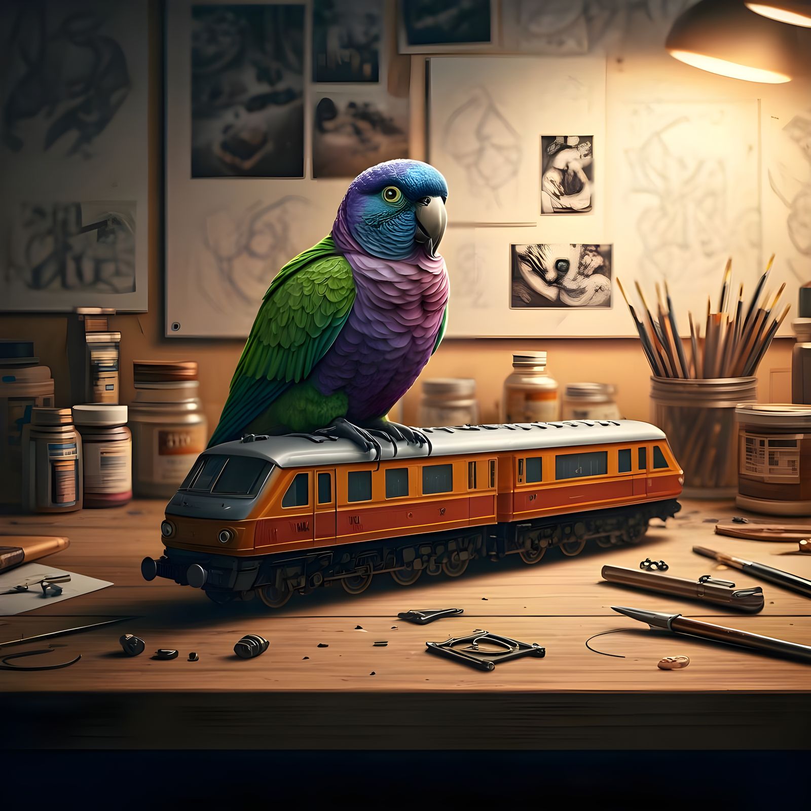 Intricate Woodwork Table with Parrot and Trains