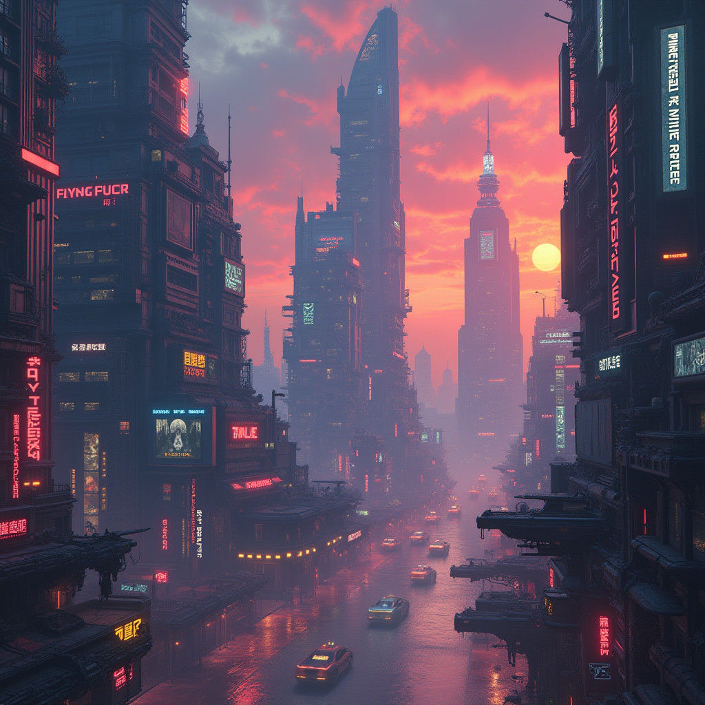 Dystopian Metropolis at Dusk in Cyberpunk Style