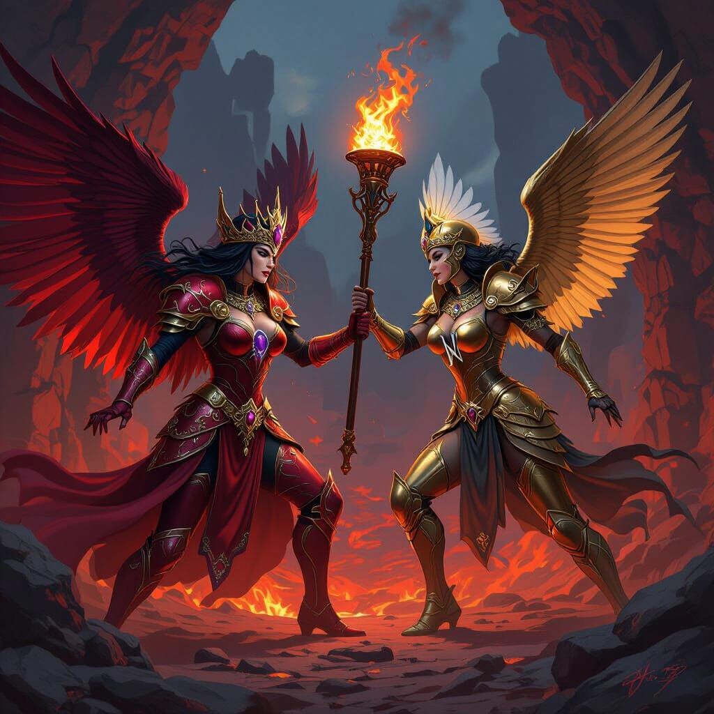 Dark Fantasy Battle in Volcanic Maze