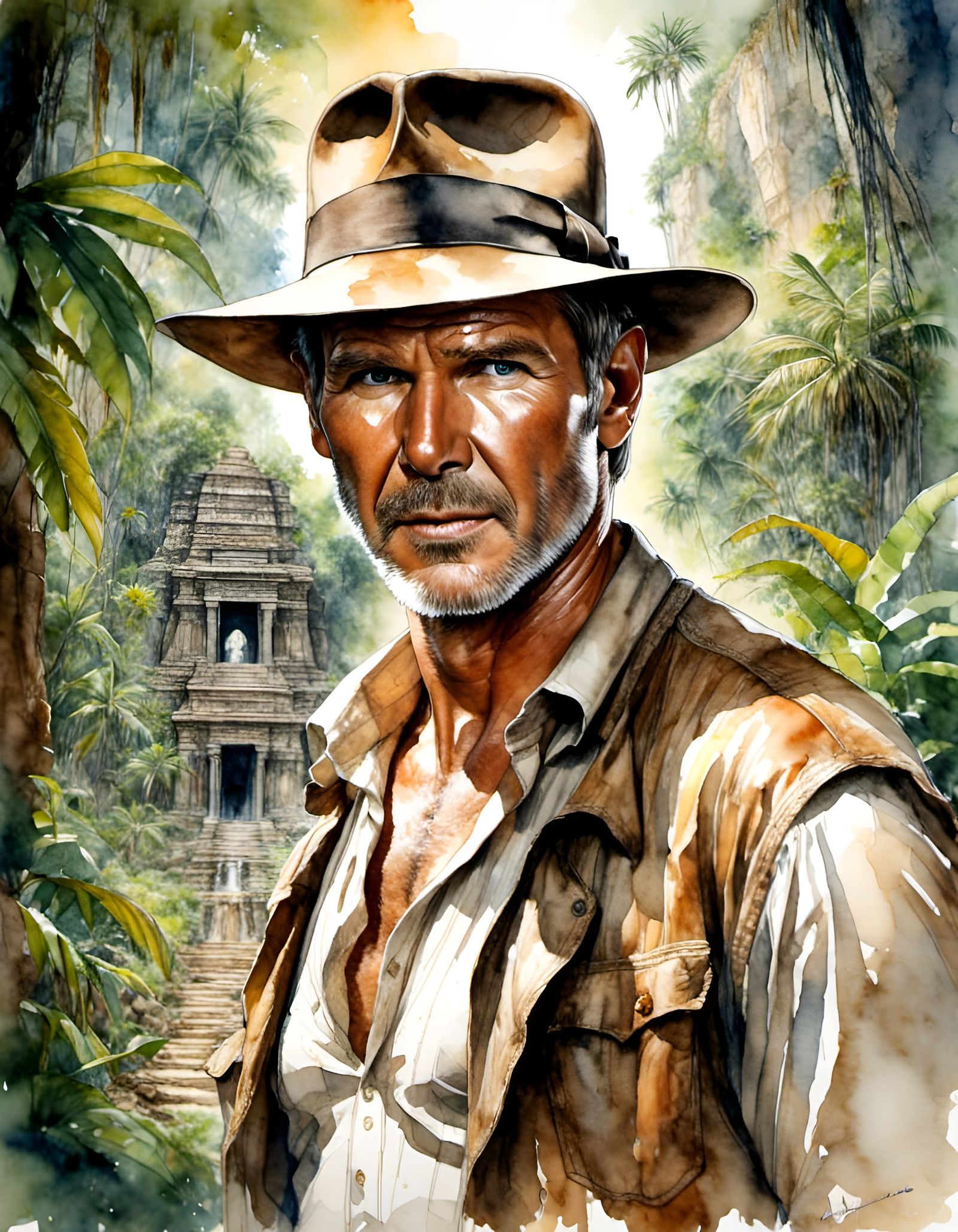 Indiana Jones in Watercolor Style Jungle Temple
