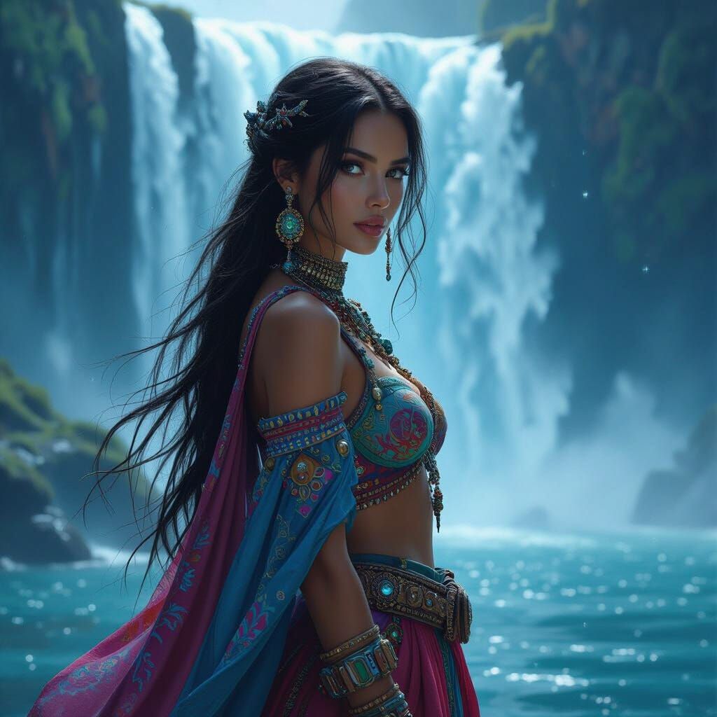 Woman at Waterfall in Detailed Matte Painting Style