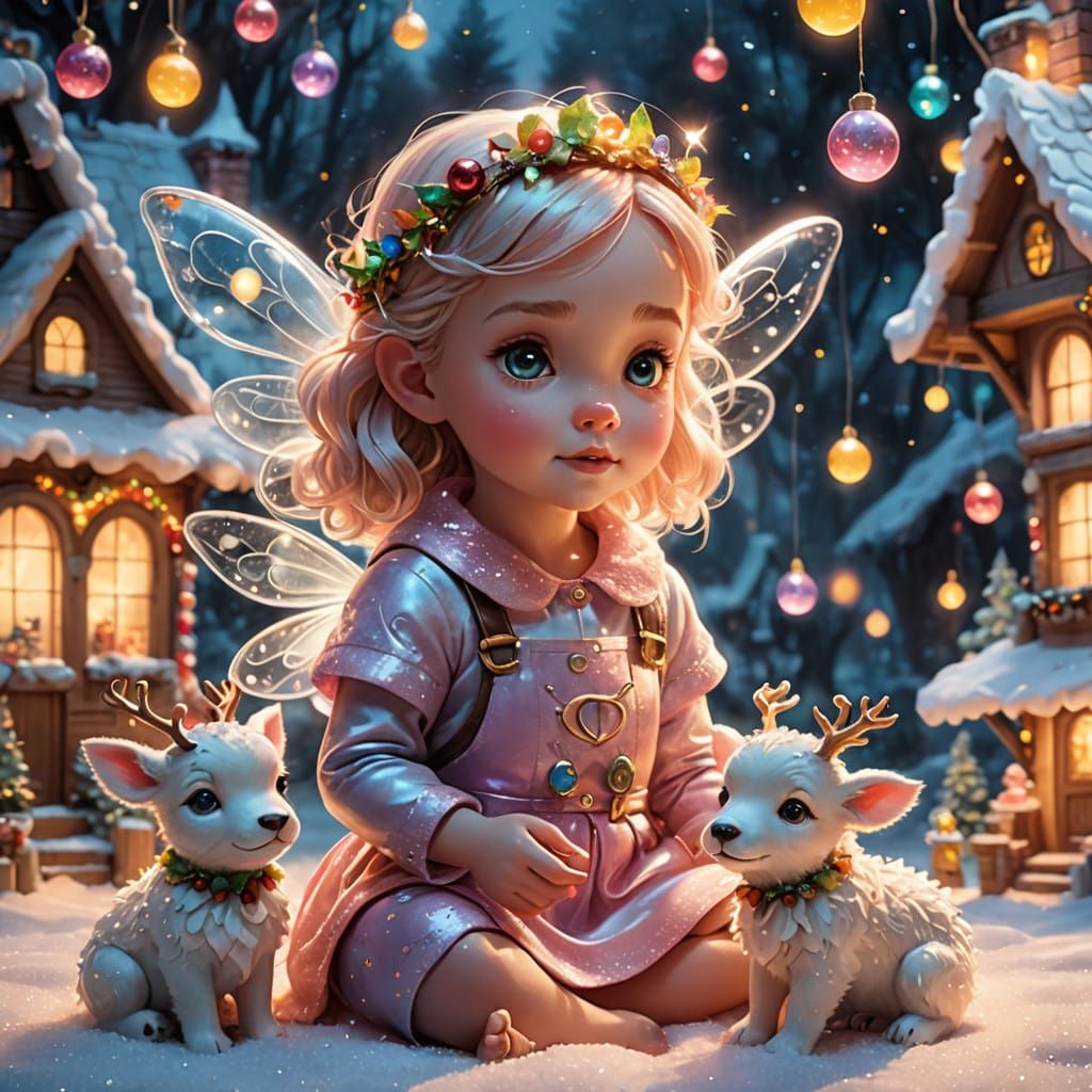 Glowing Glass Christmas Fairy Plays with Adorable Baby Reind...
