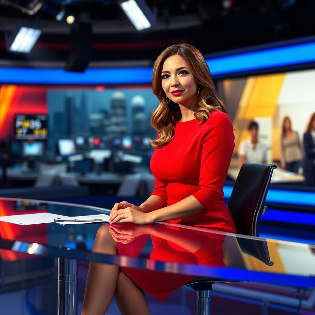 TV News Anchor in Red Dress at News Desk