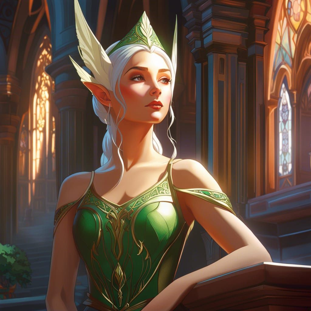 Elven Queen in Hyperdetailed Elven Castle