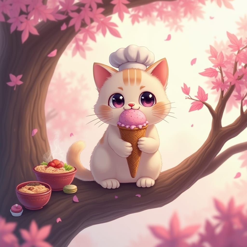 Cute Cat Enjoys Ice Cream on Whimsical Dessert Tree