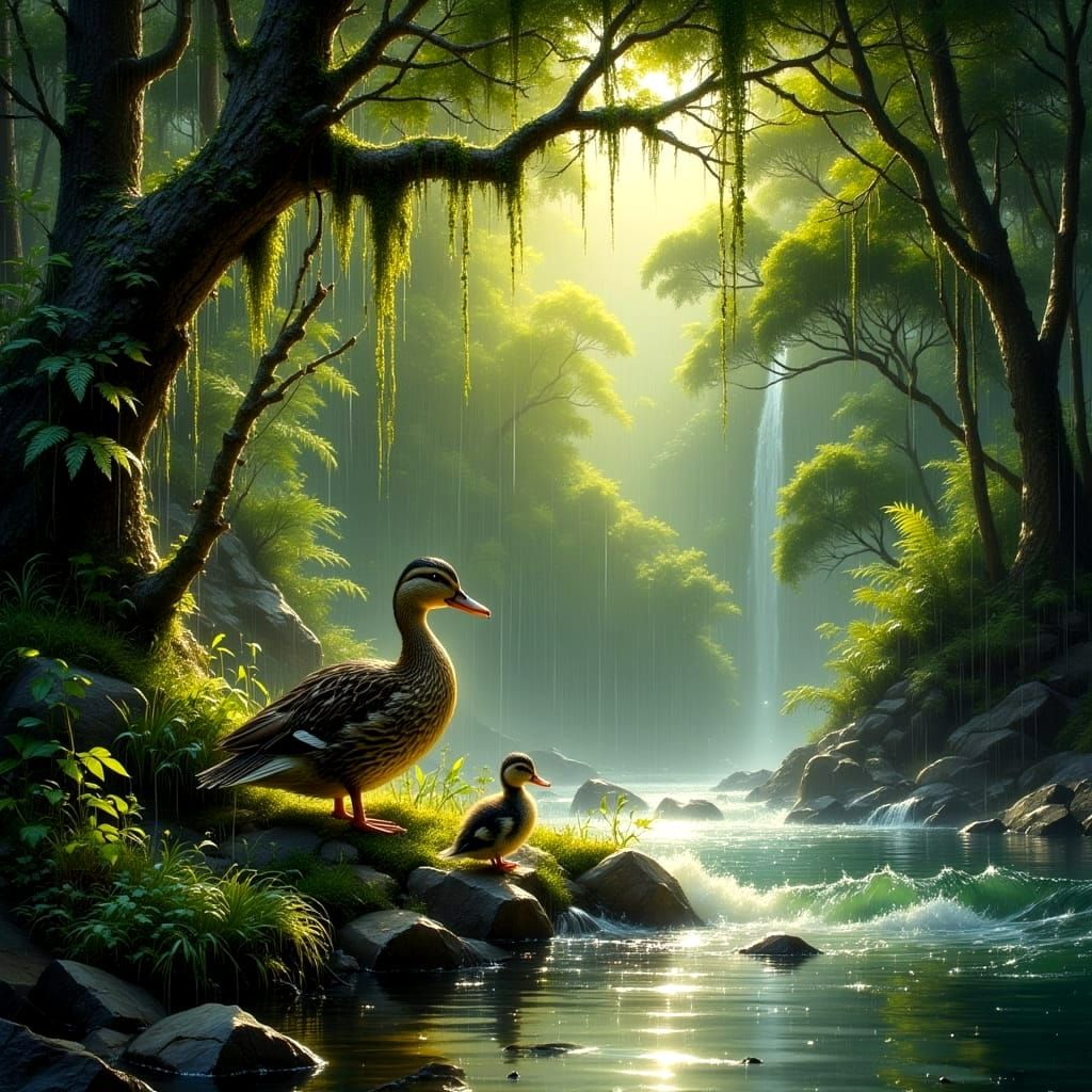 Duck and Ducklings in Tasmanian Rainforest