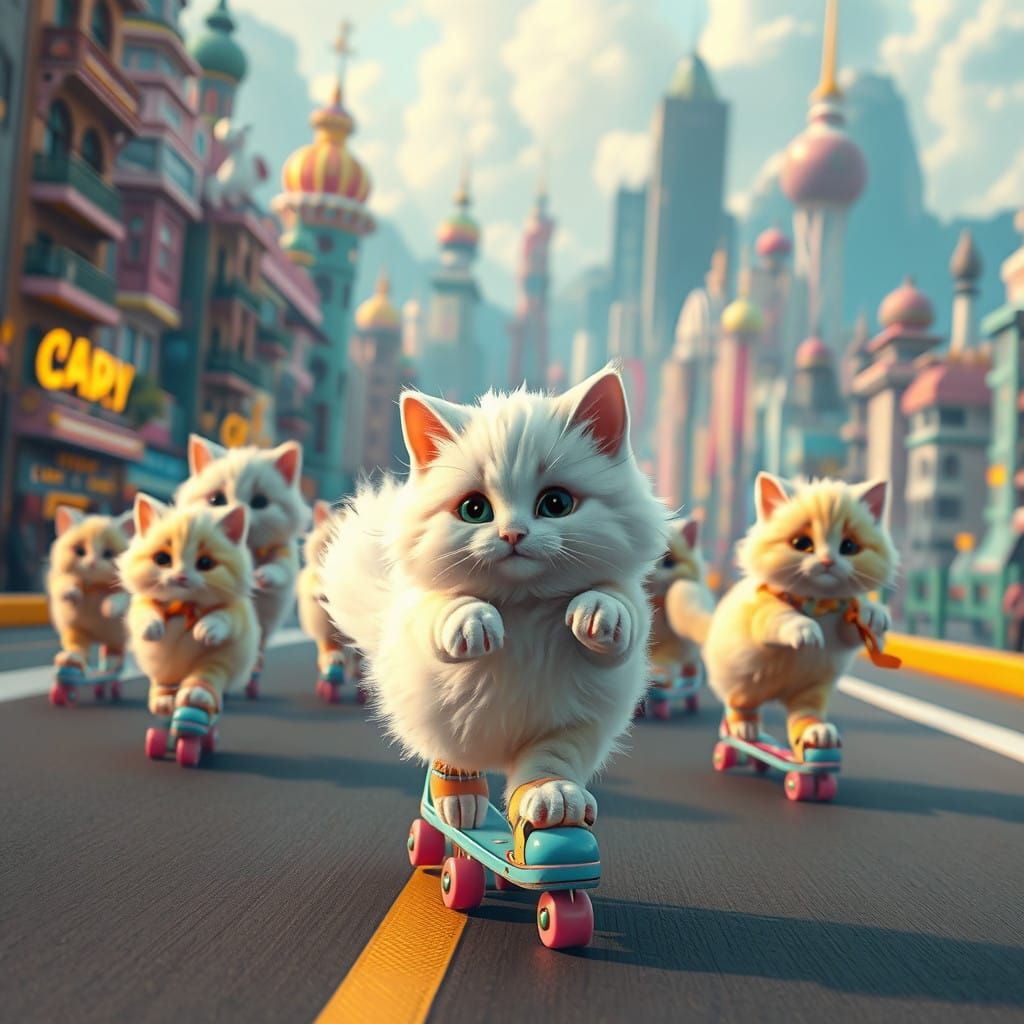 Whimsical Feline Skaters in Vibrant Cityscape