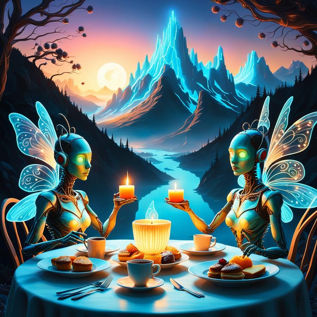 Romantic Mountain Breakfast with Bioluminescent Fairies in 3...
