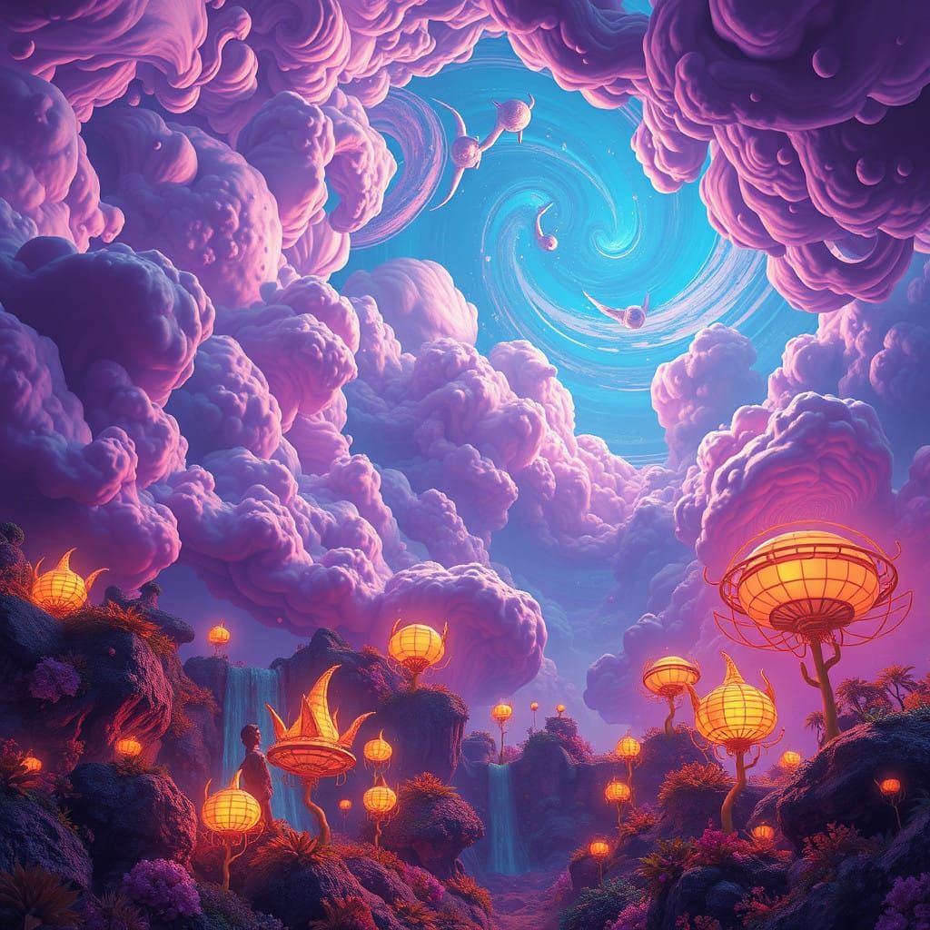 Surreal Dreamscape of Vibrant Clouds and Glowing Fauna