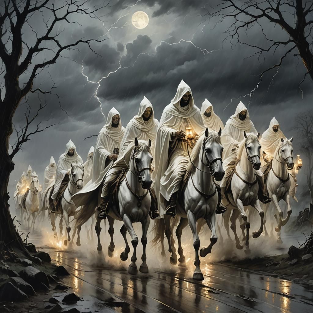 A ghostly procession of cloaked figures (white)