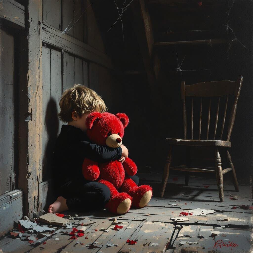 Child with Teddy Bear in Abandoned Room