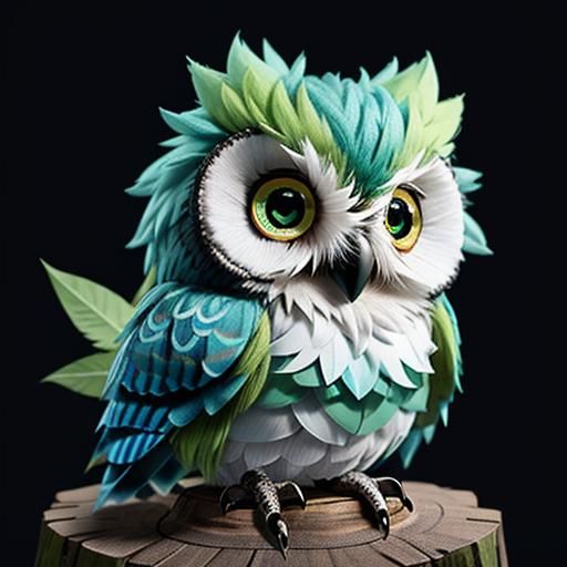 Cute Blue Baby Owl with Green Mohawk