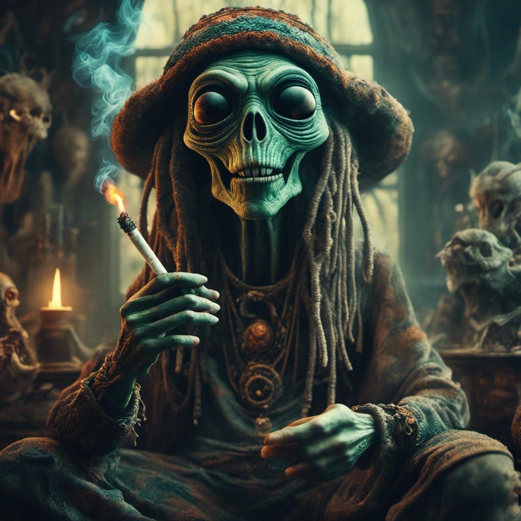 Detailed Hippie Alien Smoking in Fantasy Horror Style