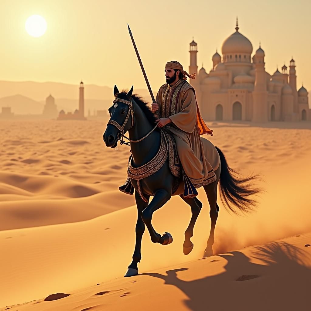 Arab Warrior on Horseback in Desert City
