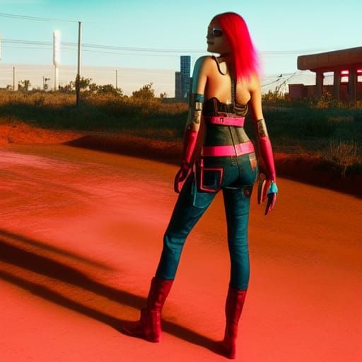 Cyberpunk Red Dirt Girl in Neon Cityscape