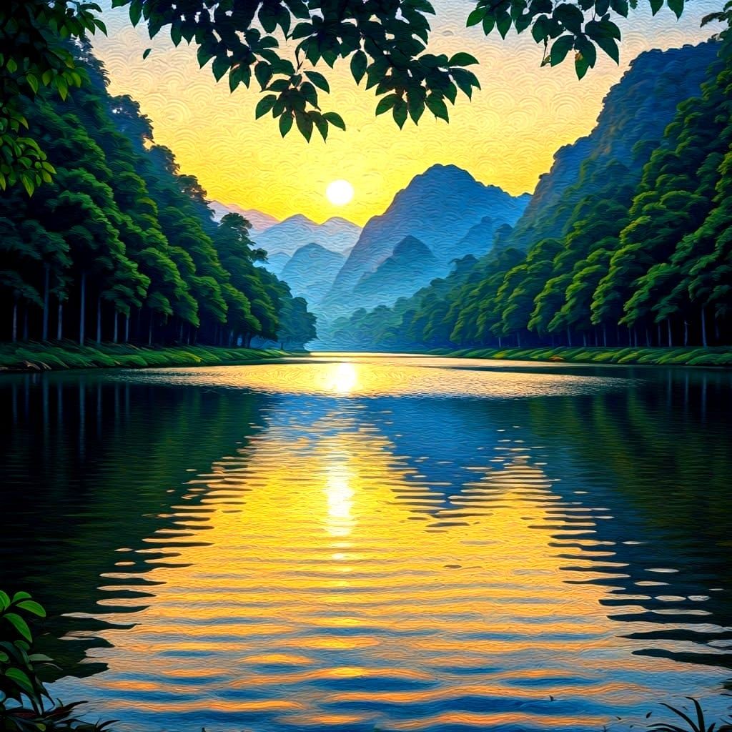 Vietnamese Lake Sundown in Pointillism Style