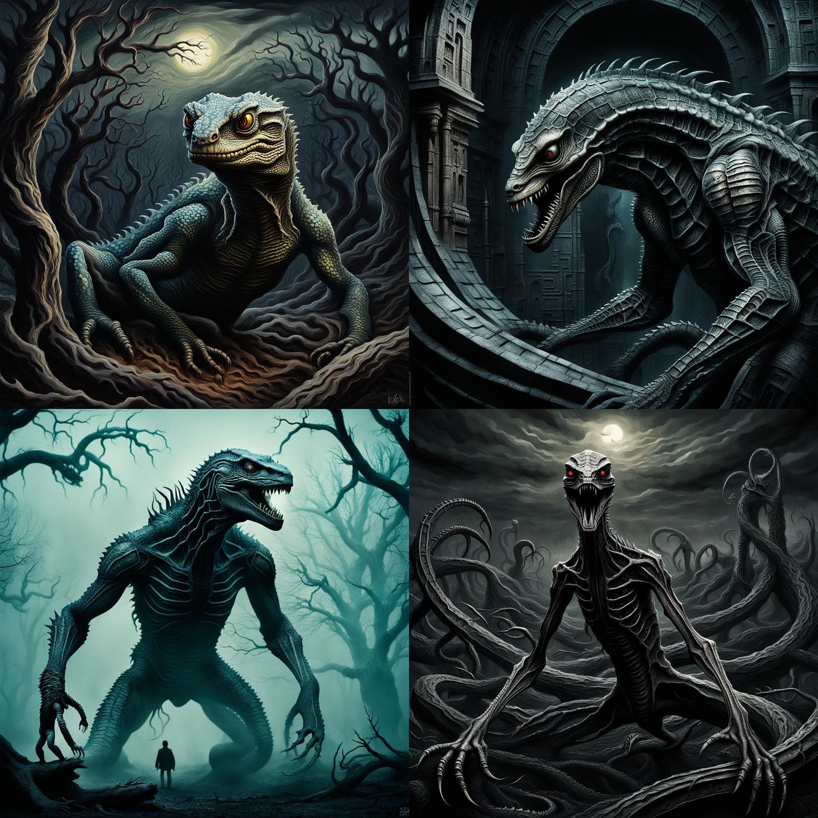 Surreal Reptilian Horror in Dark Art Style
