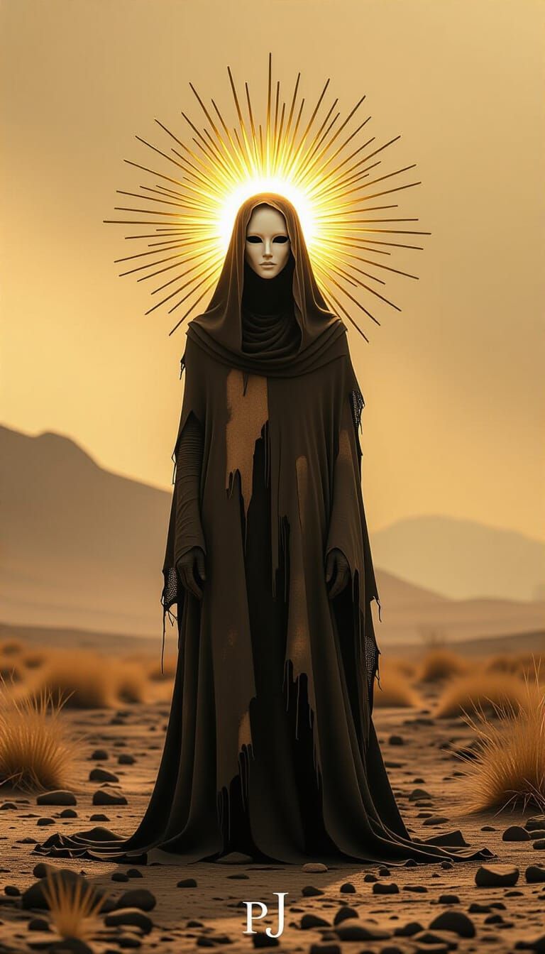 Surreal Figure with Solar Halo in Desolate Landscape