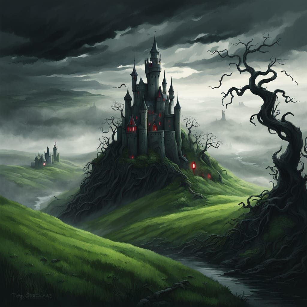 Dark Fantasy Castle on Green Hills in Rutkowski Style