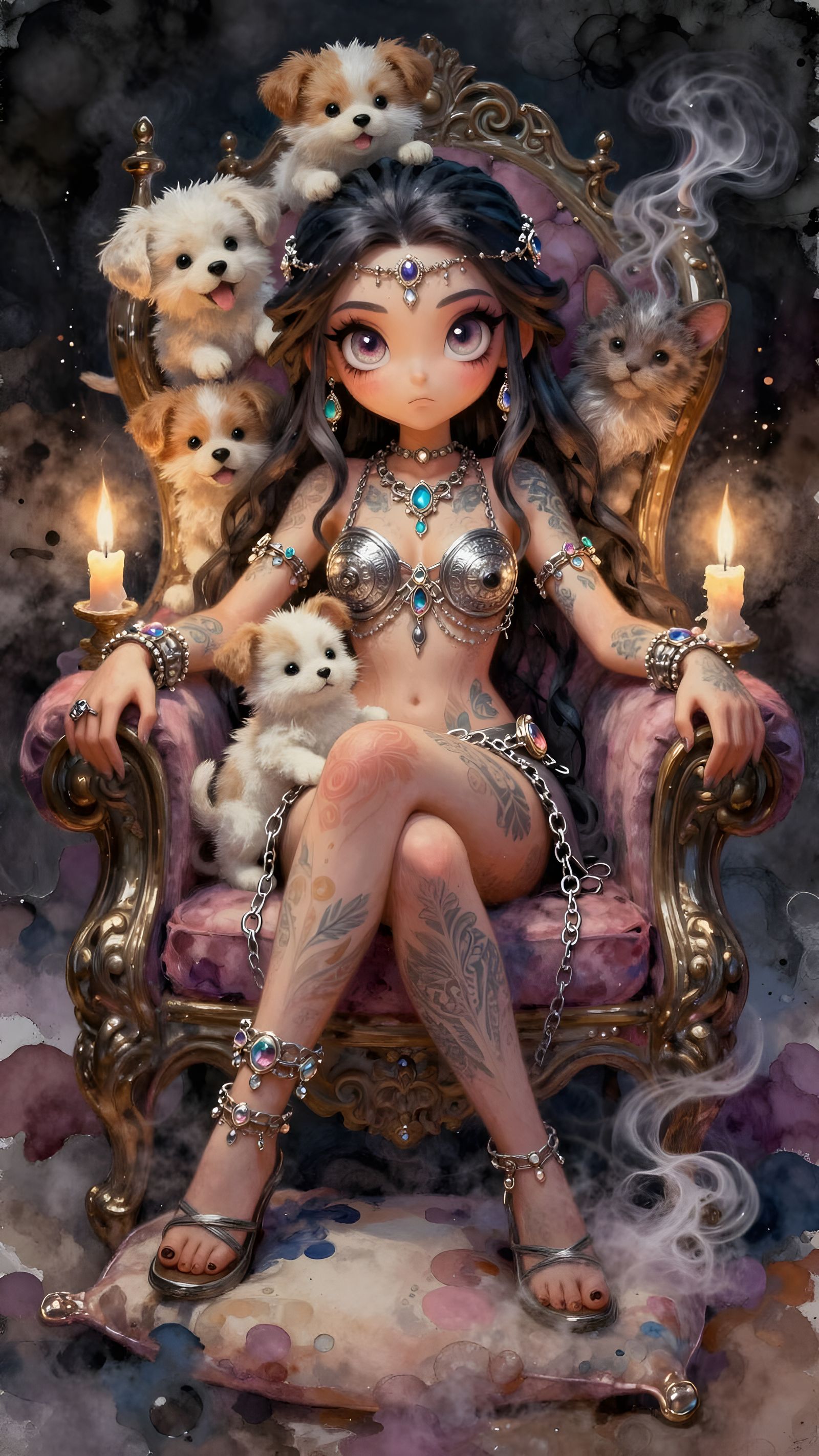 Barbaric Warrior Queen on Throne of Puppies and Kittens