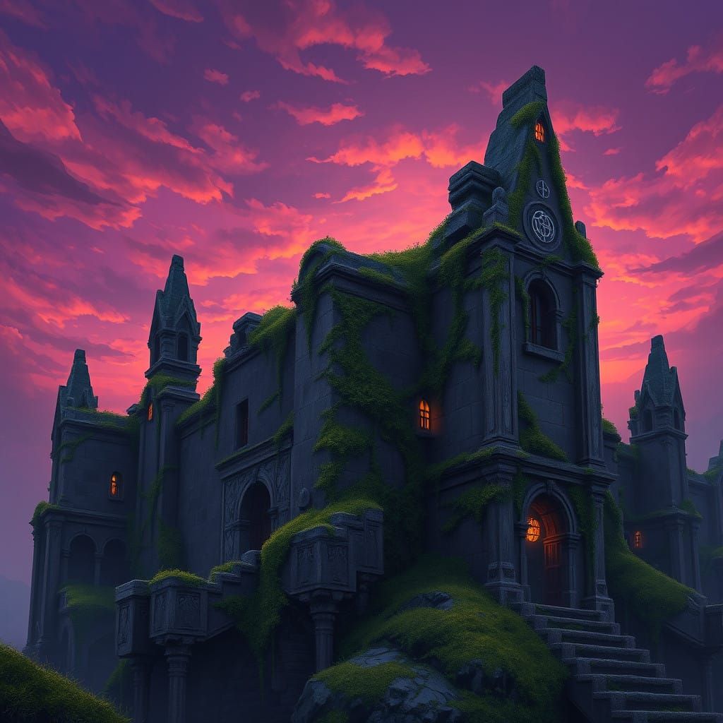 Ethereal Ancient Structures in Vibrant Purple Hues