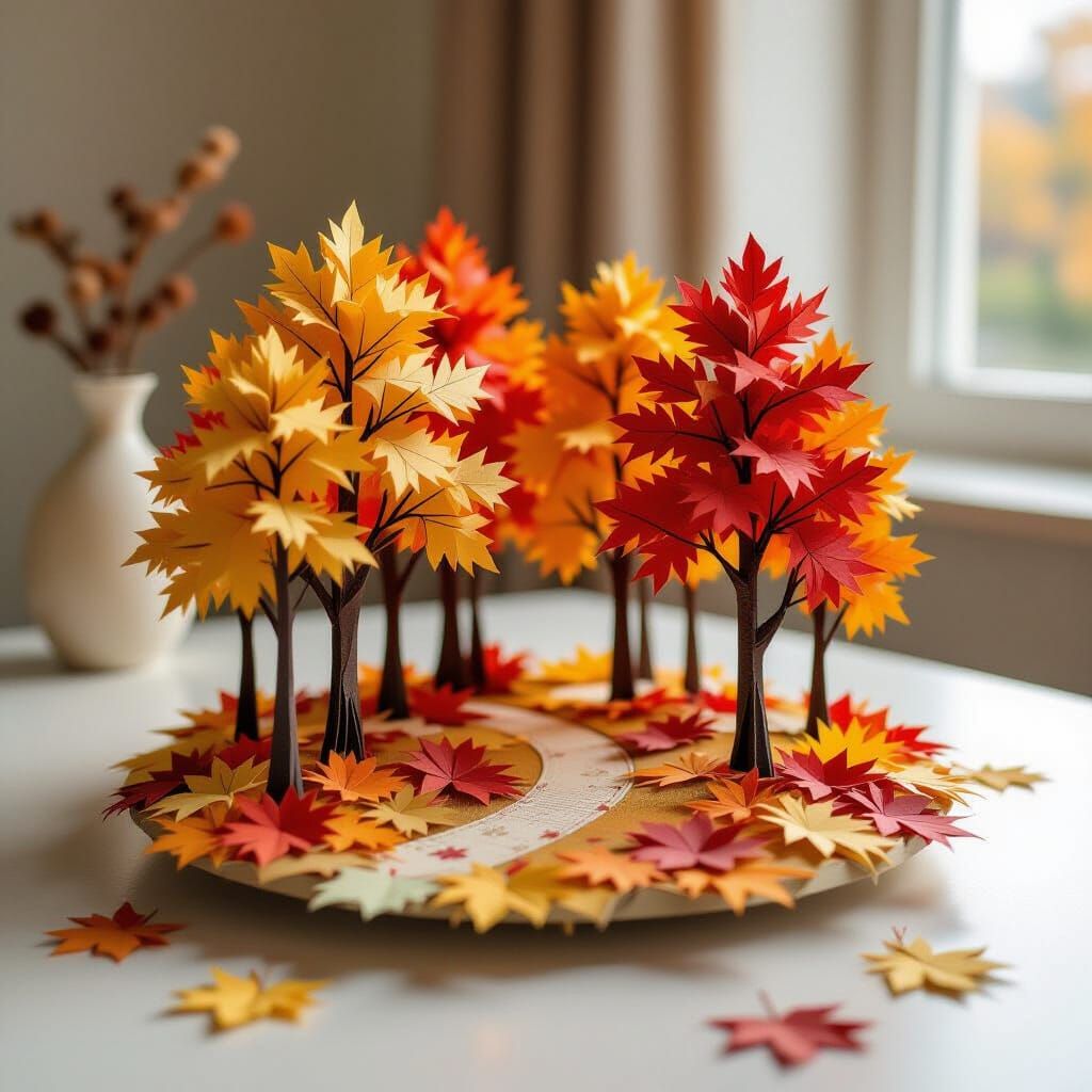 Intricate Origami Autumn Forest on Table