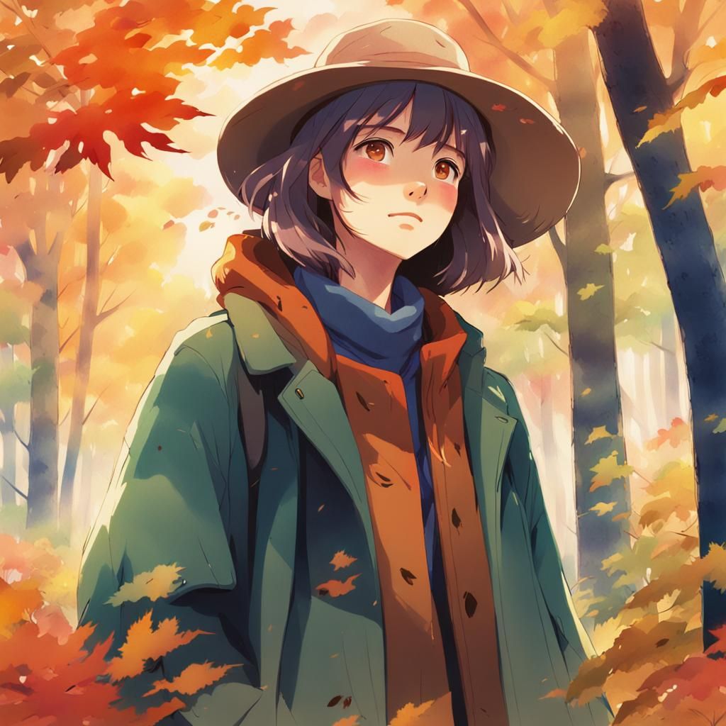 Anime Woman in Autumn Forest, Watercolor Style