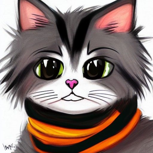 Cute Fluffy Cat with Scarf: Anime Digital Art