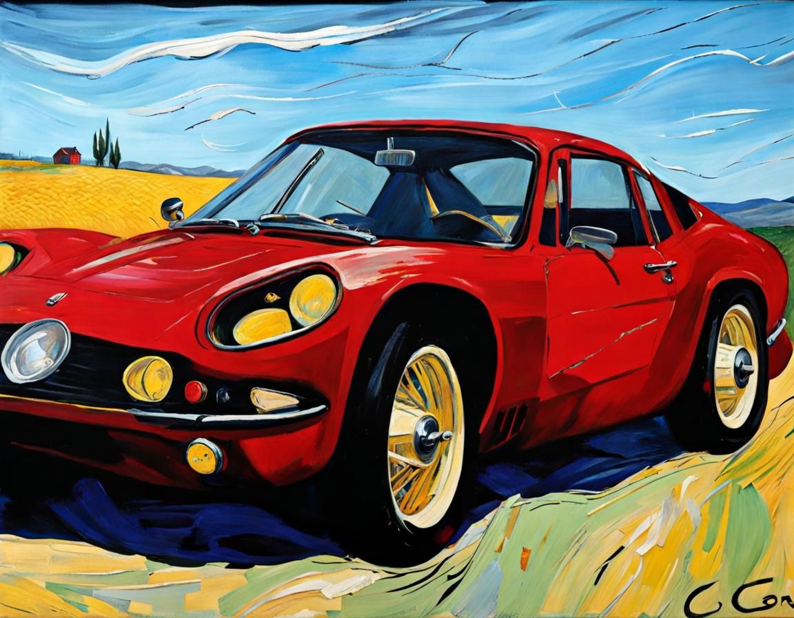 Red Sports Car as Impasto Oil Painting