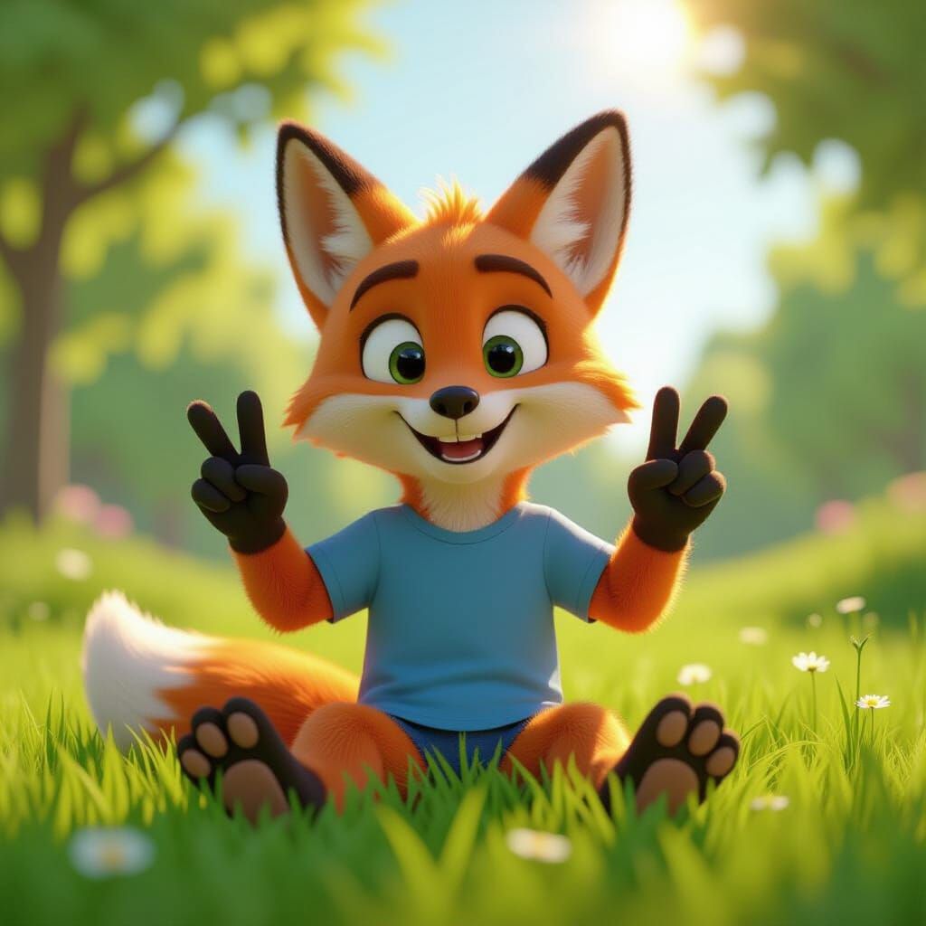 Anthropomorphic Fox Makes Grass Angel in Sunny Park