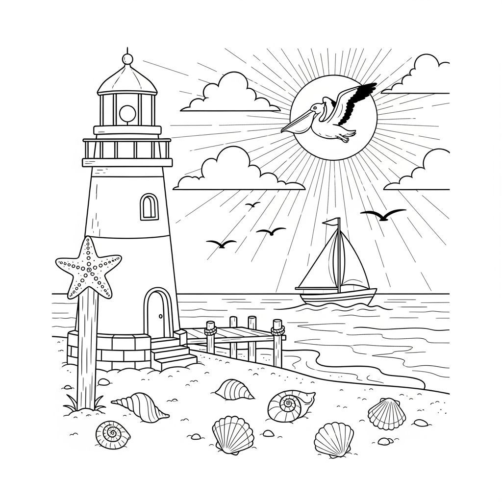 Charming Cartoon Lighthouse Scene for Coloring