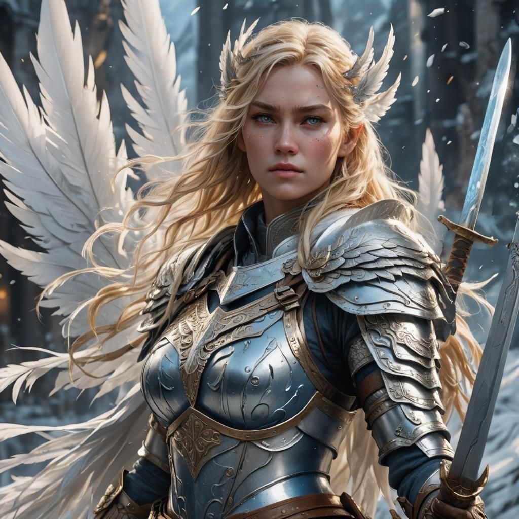 Winged Valkyrie with Katana in Detailed Matte Painting