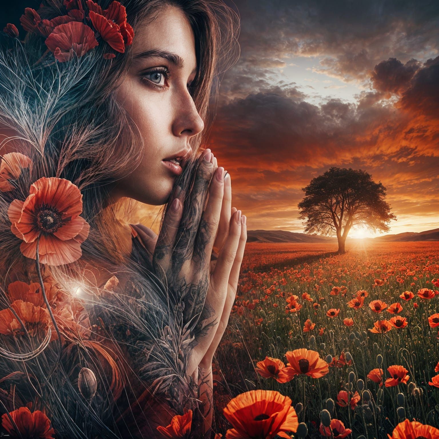 Sunset Prayer: Girl in Poppy Field Double Exposure