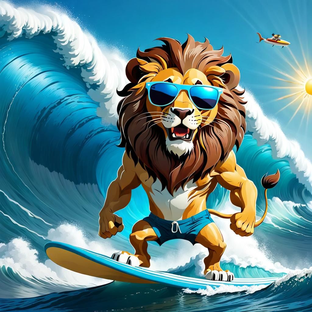 Cartoon style majestic lion on two legs with sunglasses and swimming shorts surfing a giant wave in the ocean on a sunn...