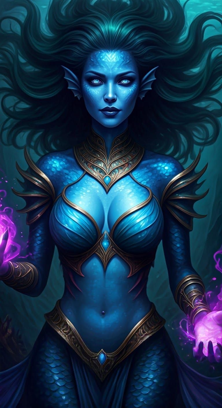 Surreal Fantasy Sorceress in a Deep Blue Skinned Triton Styl...