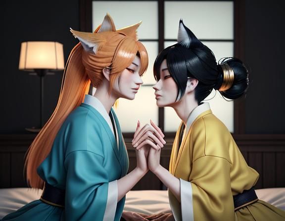 Two Kitsune Kissing in Manga Style