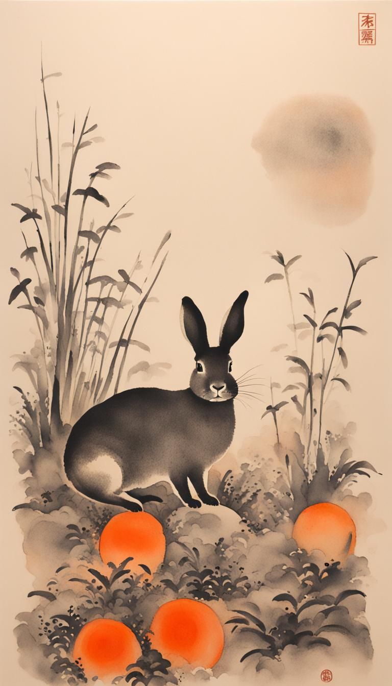 Minimalist Chinese Ink Painting of Tiny Rabbit