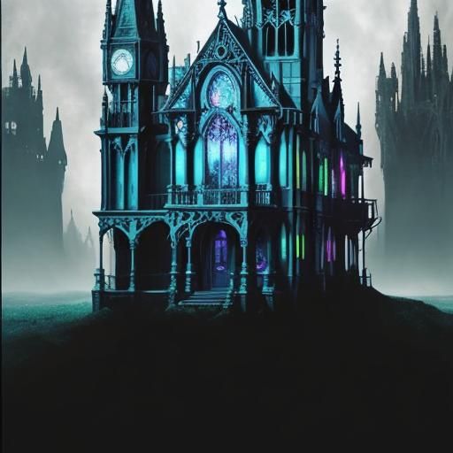 Ethereal Pearlescent blue gothic witches house& ethereal vibes& magical vibes& gothic vibes& witchy vibes& hyperdetailed...
