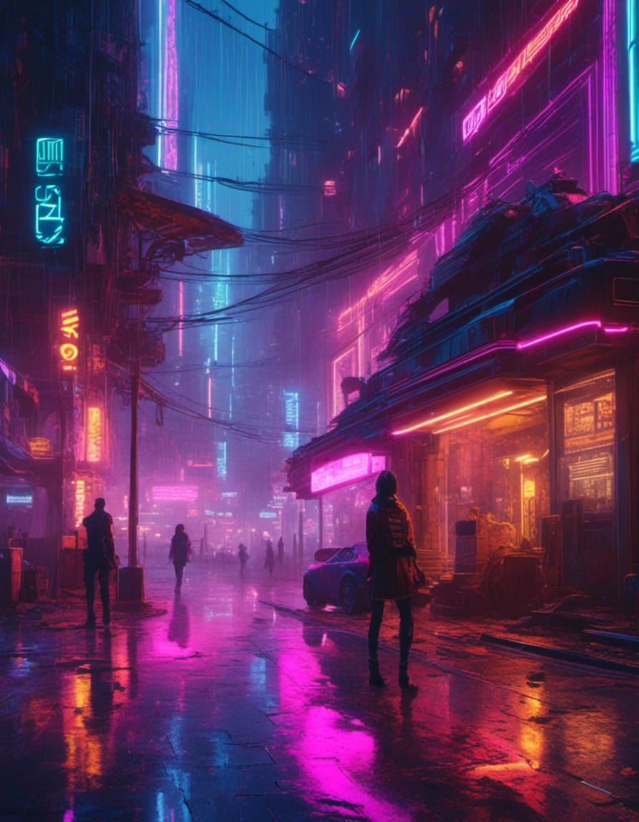 Cyberpunk Cityscape at Night in the Rain