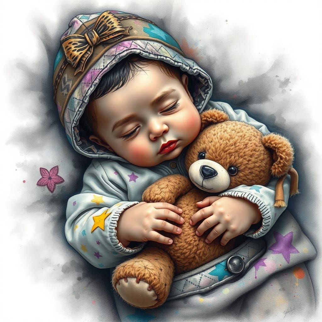 Whimsical Baby Scene in Charcoal Drawing with Graffiti Eleme...