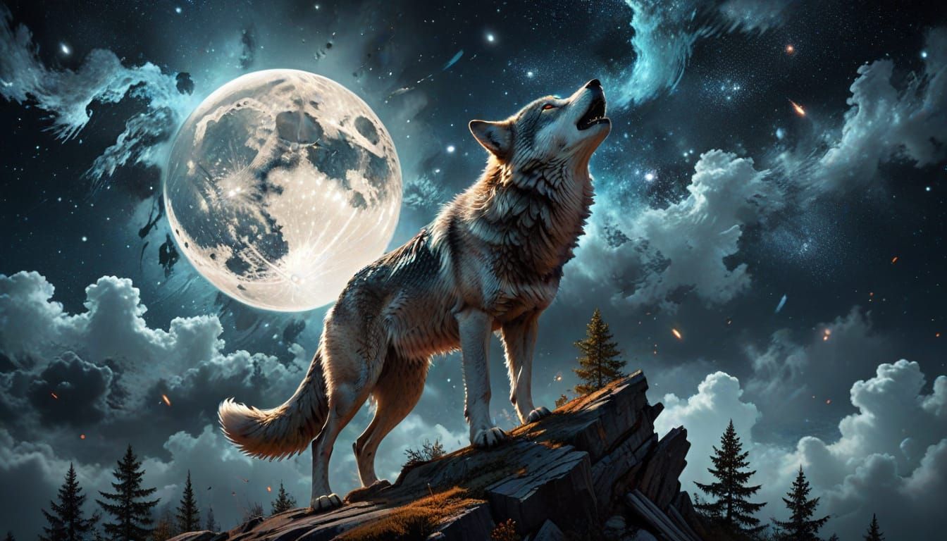 Wolf Howling at Moon in Double Exposure Art
